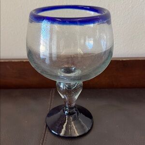 Mexican Hand-Blown Glass Featuring a Cobalt Blue Rim & Base